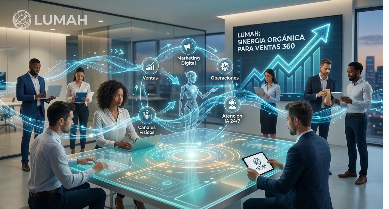 Lumah — Sinergia Orgánica para Ventas 360: equipo integrando ventas, marketing, operaciones e IA
